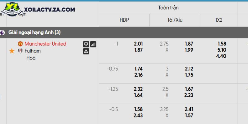 Tỷ lệ kèo Man United vs Fulham