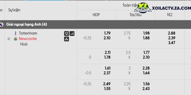 Tỷ lệ kèo Tottenham vs Newcastle